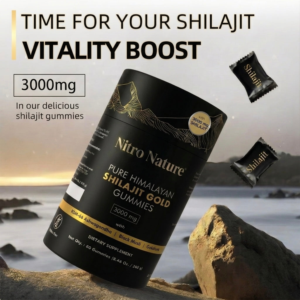 Nitro Nature Pure Himalayan Shilajit Gold Gummies bottle with 3000mg per serving, KSM-66 Ashwagandha, Black Musli and Gokshura, with individually wrapped shilajit gummies on a natural rock background