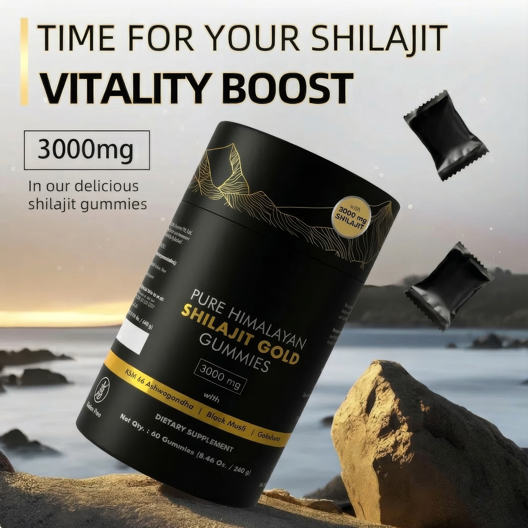 Nitro Nature Pure Himalayan Shilajit Gold Gummies 3000mg bottle with individually wrapped gummy packs on a natural rock and ocean background