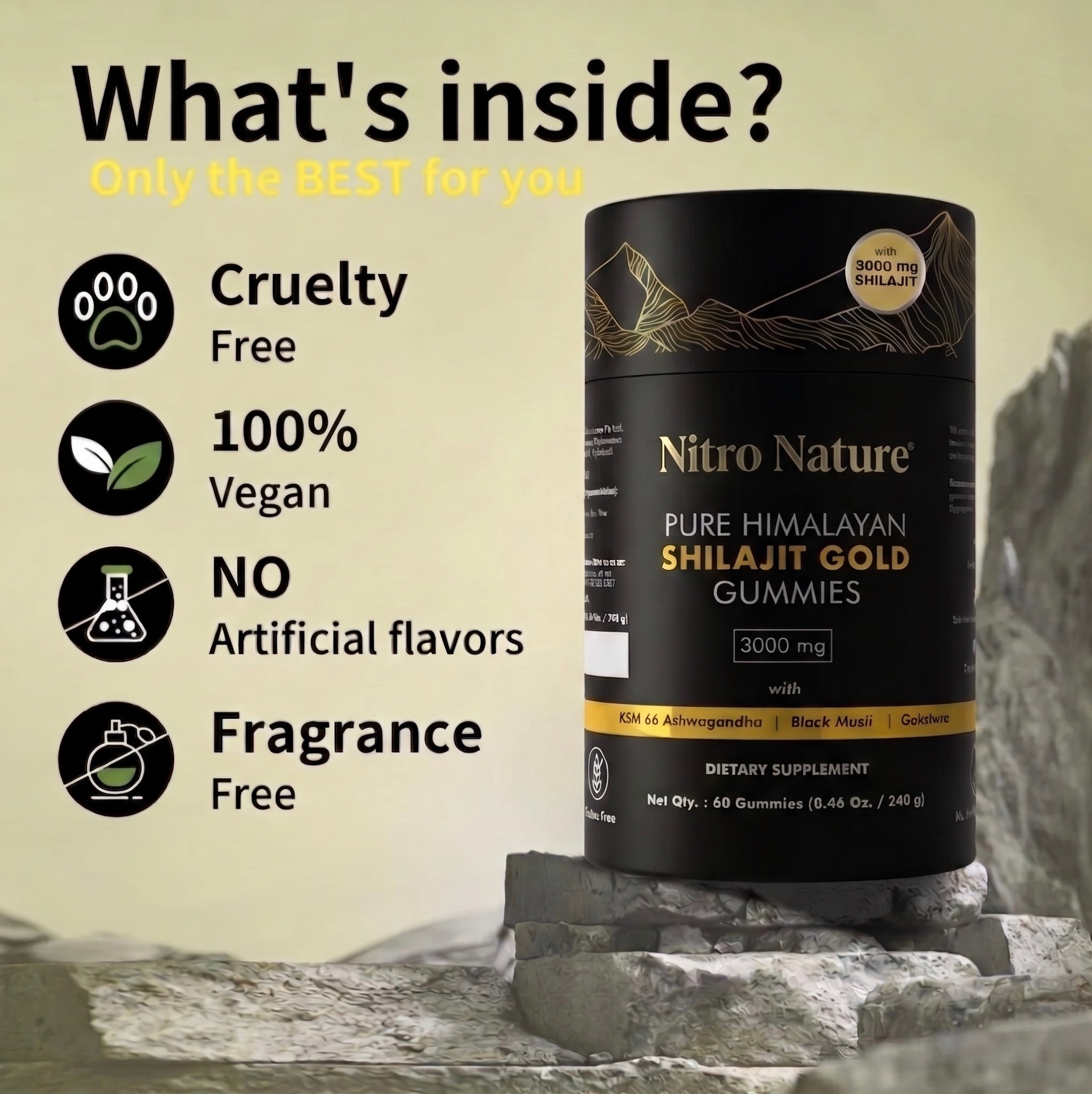 Nitro Nature Shilajit Gold Gummies clean formula highlights showing cruelty free, 100 percent vegan, no artificial flavors, and fragrance free