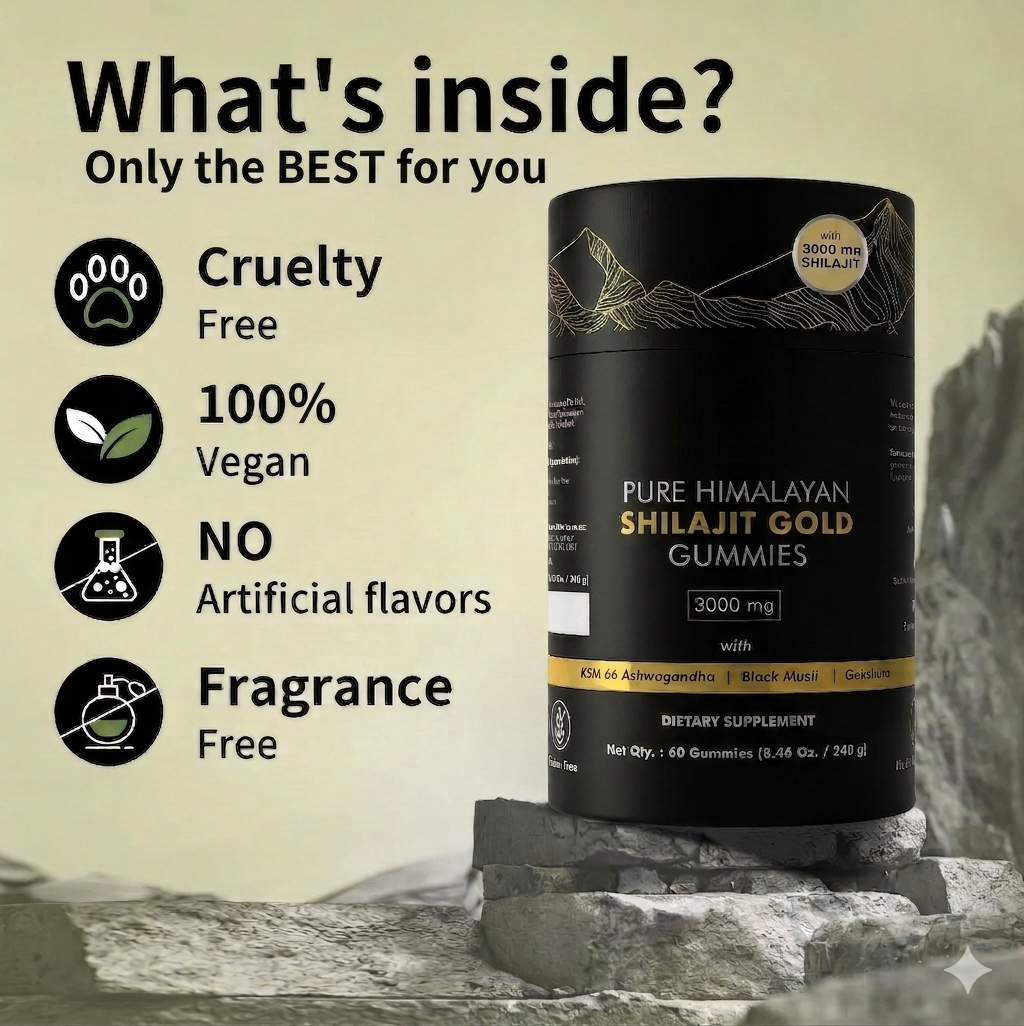 Nitro Nature Shilajit Gold Gummies clean formula highlights showing cruelty free, 100 percent vegan, no artificial flavors, and fragrance free