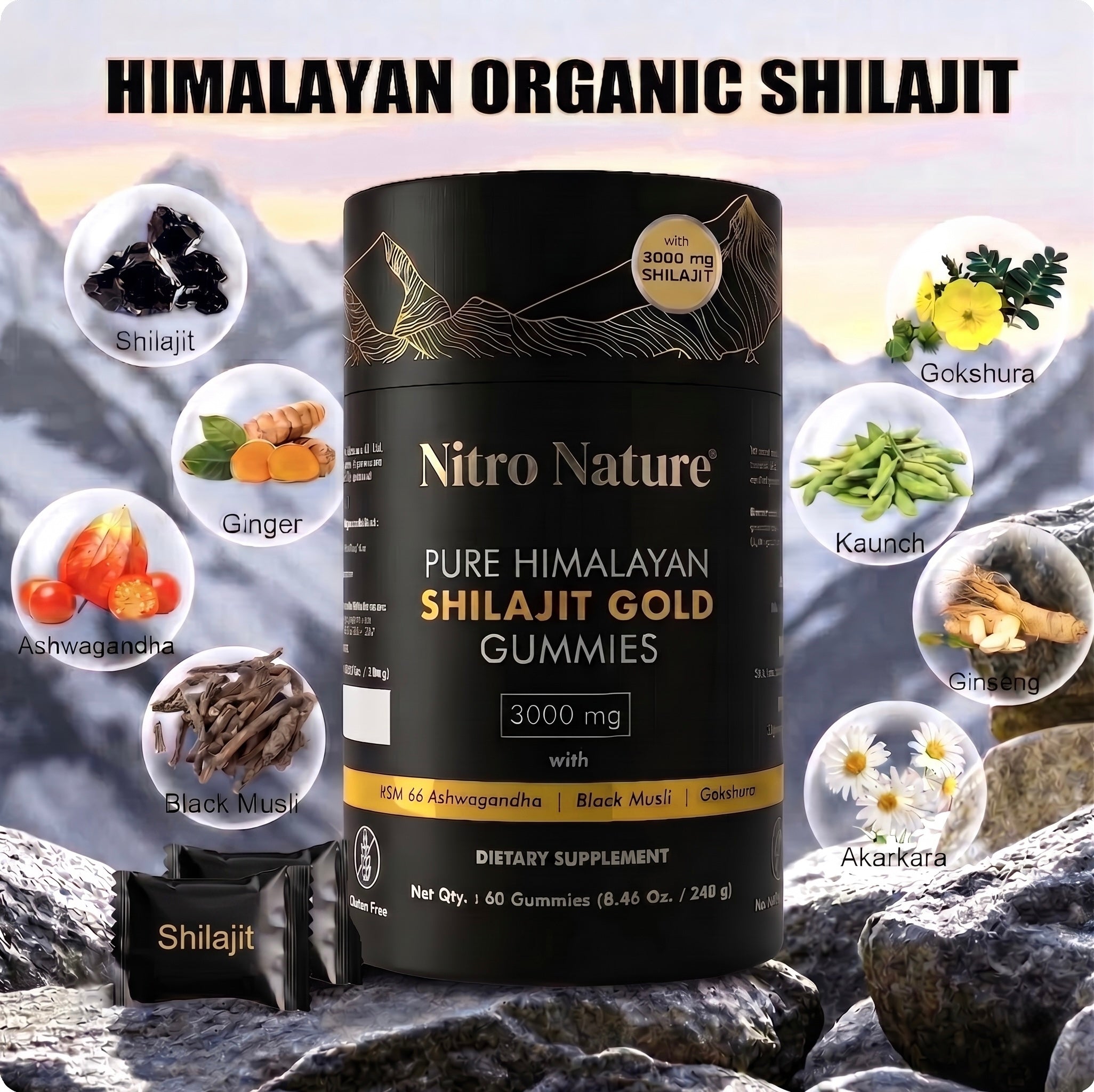 Nitro Nature Pure Himalayan Shilajit Gold Gummies 3000mg bottle surrounded by key ingredients including shilajit, ashwagandha, black musli, ginger, gokshura, kaunch, ginseng, and akarkara