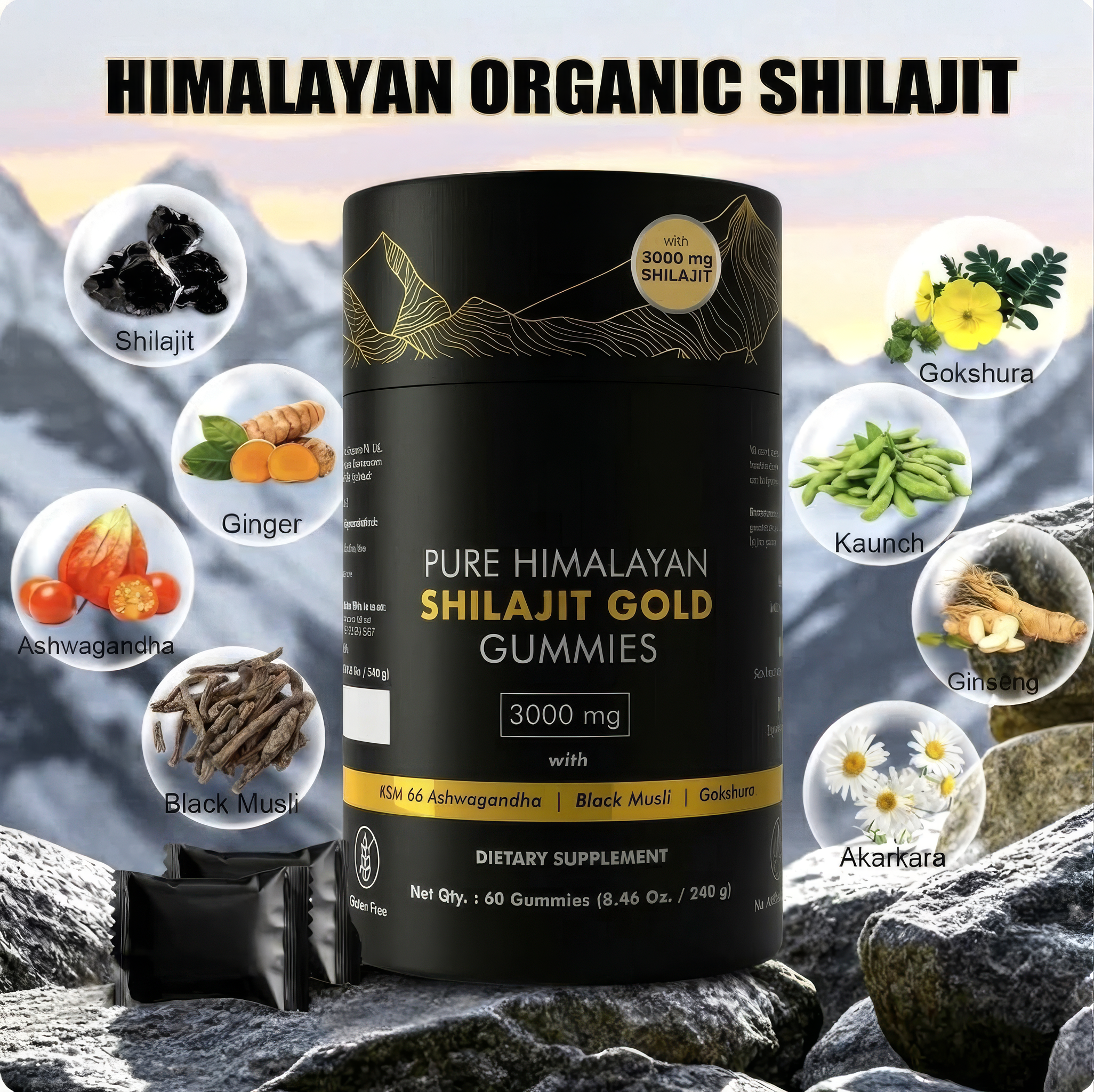 Nitro Nature Pure Himalayan Shilajit Gold Gummies 3000mg bottle surrounded by key ingredients including shilajit, ashwagandha, black musli, ginger, gokshura, kaunch, ginseng, and akarkara